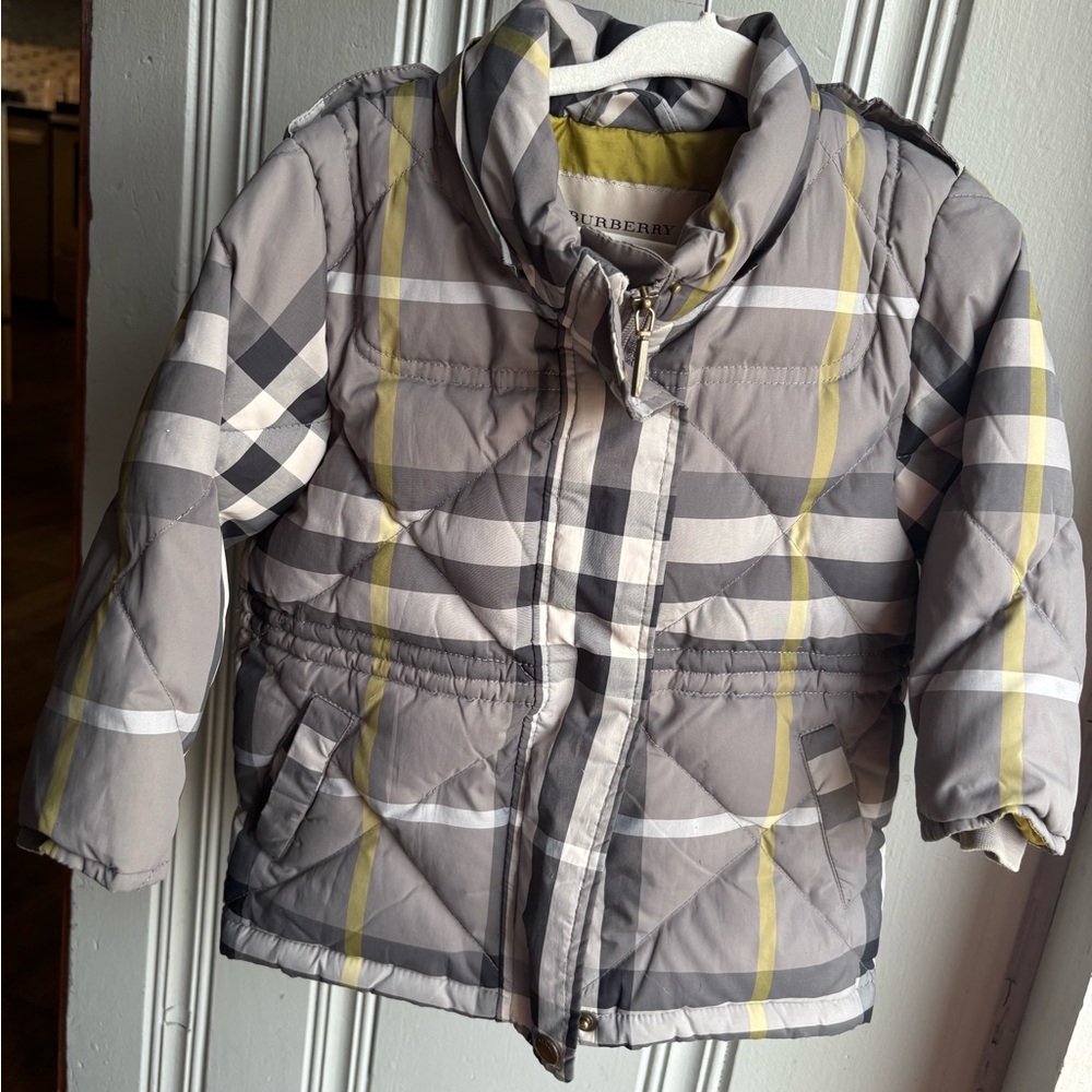 BURBERRY Infant 12M Plaid Gray, Black and Green Down Coat